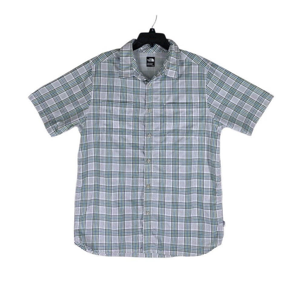 North Face Shirt Mens L Plaid Short Sleeve Button Up Green Blue Outdoor